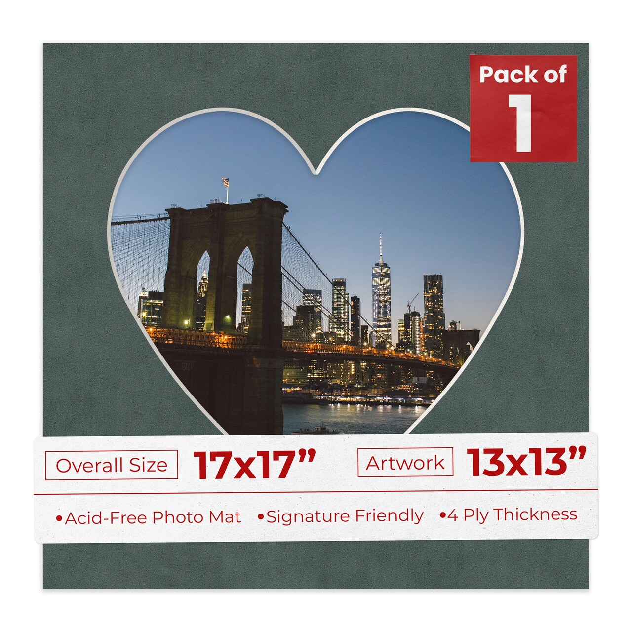 Dark Grey Suede Mat Board for 17x17 Frames - Heart Opening for 13x13 Photos